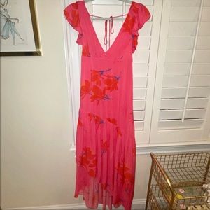 FreePeople hot pink floral maxi v-neck dress Size 0 100% Rayon; Great condition!
